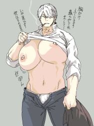 1boy big_breasts big_tits breasts_bigger_than_head breasts_falling busty busty_boy cigarette ginko huge_breasts huge_tits lifting_shirt male male_boobs male_breasts male_only male_tits male_with_breasts mushishi presenting presenting_breasts smoking smoking_cigarette white_hair white_shirt