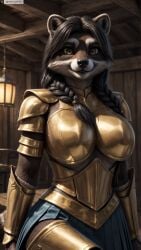 ai_generated animal_ears anthro armor artist_name braid breastplate breasts brown_eyes female female_anthro furry furry_female hi_res high_resolution highres large_breasts long_hair looking_at_viewer photorealistic realistic skirt solo stable_diffusion tail twin_braids twitter twitter_username vambraces watermark yiffyjiffy2 yiffyjiffy69