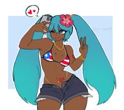 1girls :3 afrolatina asian_latina bikini_top blue_eyes blue_hair curvy dark-skinned_female denim denim_shorts flag_bikini flower flower_in_hair hatsune_miku jewelry kirry_owga latin_american_hatsune_miku_(meme) latina necklace phone pubic_tattoo puerto_rican puerto_rican_flag puerto_rican_flag_bikini puerto_rican_miku race_swap selfie short_shorts shorts simple_background small_breasts solo tanline tattoo thick_thighs thighs tongue_out unzipped_shorts vocaloid white_background wink wristwear