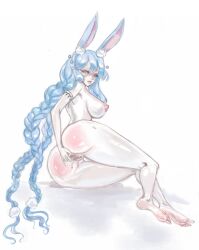 animal_humanoid ass big_breasts blue_eyes bluehaired blush bodily_fluids breasts feet female genital_fluids genitals hare humanoid lagomorph leporid mammal masturbation nipples pussy rabbit solo tsu69 vaginal_fluids