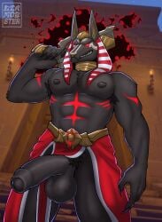 anubis anubis_reaper balls bara big_penis black_balls diamobster gay hi_res large_penis loincloth loincloth_aside male_only muscular muscular_male overwatch overwatch_2 pecs reaper red_eyes simple_background solo_male