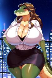 1female 1girls ai_generated ass big_ass big_breasts big_thighs breasts breasts_bigger_than_head breasts_larger_than_head brown_hair cleavage cleavage_overflow crocodile exposed_bra female female_only furry furry_female furry_only giant_breasts hands_on_hip huge_breasts looking_at_viewer majorfluffy mature mature_body mature_female mature_figure mature_woman milf mommy novelai office_lady reptile scalie scalie_female short_skirt solo solo_female tagme thick thick_ass thick_thighs thighs tight_clothes voluptuous voluptuous_female wide_hips