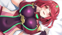 1girls angelo_(gomahangetsu) bed blush breasts erect_nipples female gloves huge_breasts looking_at_viewer nintendo pyra red_eyes red_hair short_hair solo tiara whooosaku xenoblade_(series) xenoblade_chronicles_2