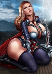 1girls avengers blonde_hair blue_eyes breasts cleavage female female_only flowerxl hammer huge_breasts human human_only lady_thor light-skinned_female light_skin looking_at_viewer marvel marvel_cinematic_universe mjolnir pinup rule_63 solo thighhighs thor_(series) weapon