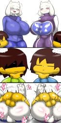 ... balls big_breasts blush breasts clothed clothing deltarune enigi09 frisk heart kris_(deltarune) mating_press motion_lines penetration penis pussy pussy_juice sex tail testicles toriel undertale undertale_(series) vagina vaginal_penetration vaginal_sex