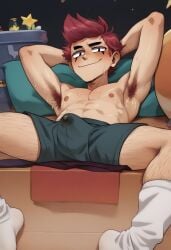 1boy ai_generated armpit_hair armpits arms_behind_head bara big_bulge blush brawl_stars breasts bulge bulge_through_clothing chester_(brawl_stars) erection_under_clothes eye_makeup gay looking_at_viewer male male_only nipples pillow red_hair redhead relaxed smile smiling smirk smirking socks solo solo_male sweat sweatdrop sweating sweaty thighs underwear wet_clothes wet_skin