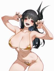 1girls :d absurdres areola_slip armpits bare_shoulders behemoth_(nikke) bikini black_hair black_lips black_nails blush breasts cleavage earrings elias2art eyeliner female female_only goddess_of_victory:_nikke gold_bikini highres horns jewelry long_hair looking_at_viewer makeup navel open_mouth pubic_tattoo red_eyes sharp_teeth simple_background single_horn smile solo swimsuit tattoo teeth white_background