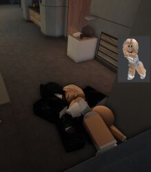 1boy 1boy1girl 1girls 3d ass big_ass blonde_hair catsulithr34 clothed cuddling cute hugging on_floor reference_image roblox roblox_avatar robloxian tagme wholesome