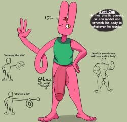 3_toes 4_fingers anthro balls big_penis clothing english_text feet fingers genitals hair hi_res humanoid_genitalia humanoid_penis jovi_cap jovi_cap_(oc) lagomorph leporid male mammal model_sheet one_eye_closed penis pink_body rabbit red_hair shirt solo text toes topwear yellow_eyes