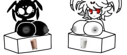 2girls big_breasts black breasts_on_table character chocolate_milk copyright dont_starve dont_starve_together giant_breasts klei_entertainment large_breasts milk milking multi_eye naked naked_female nipples only_female red_eyes spider table tags two_girls webber whisky whisky_(character) white