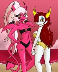 2girls ass breasts crossover female female_only hekapoo helluva_boss mythkaz star_vs_the_forces_of_evil succubus swimsuit verosika_mayday_(helluva_boss)