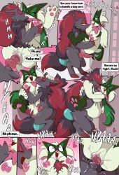 breasts building comic comic_page cum cum_in_pussy english_text fuf giantess kissing licking_nipples macro meowscarada micro nipples penetration penis pokemon pokemon_(species) sex zoroark