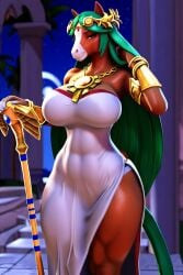 3d abs ai_generated anthro anthro_horse cleavage clothed draft_horse dress exposed_thighs female_only furry furry_female furry_only giant_breasts green_hair horse_girl large_breasts long_hair looking_at_viewer majorfluffy mature_female muscular_furry muscular_legs muscular_thighs novelai palutena parody side_boob staff tagme thick_thighs wide_hips