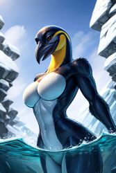 abs ai_generated anthro athletic athletic_female avian beak bird breasts female navel nude partially_underwater_shot penguin solo underwater water