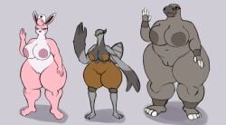 absurd_res anthro big_breasts black_eyes blue_eyes breasts female genitals grey_body group hi_res hippowdon huge_breasts jovi_cap nintendo pink_body pokemon pussy thick_thighs trio unfezant unfezant_(female) wigglytuff yellow_eyes