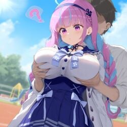 ? ai_generated ameanon big_breasts breast_grab breasts confused confusion faceless_male groping hololive huge_breasts large_breasts minato_aqua virtual_youtuber vtuber