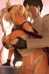 1boy admiral_(kantai_collection) black_gloves breasts budget_sarashi cameltoe cape cleft_of_venus collar curvy dark_skin faceless faceless_male female glasses gloves grabbing grabbing_from_behind grin hair_flaps highres jacket kantai_collection large_breasts long_hair long_sleeves looking_at_another looking_back military military_uniform musashi_(kantai_collection) naval_uniform navel nipples platinum_blonde_hair plump pussy red_eyes sarashi shiromeshi_(puff) smile straight twintails uniform very_long_hair white_jacket