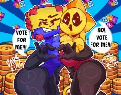 box brawl_stars bunnysuit competition darkking hand_heart heart_hands_duo hearts_in_eyes long_gloves megabox_(brawl_stars) pressing_breast_on_partner pressing_breasts_together seductive smirk star starr_drop_(brawl_stars) thick_ass thick_thighs wink winking_anus