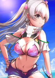 beach big_breasts bikini d4dj hand_on_hip hiraken shinomiya_kokoa shorts swimwear text