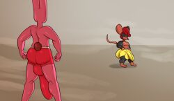 anthro balls big_penis black_body bottomwear clothing duo genitals hair hi_res jovi_cap jovi_cap_(oc) lagomorph leporid male mammal mouse murid murine penis pink_body rabbit red_hair rodent shannon_(jovi_cap) shorts tail