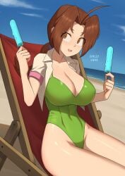 1girls barleyshake beach_chair big_breasts blue_popsicle breasts brown_eyes brown_hair chair cleavage delia_ketchum_(pokemon) female female_only fully_clothed green_swimsuit hair holding_popsicle huge_breasts mature mature_female mature_woman milf mother open_shirt pokemon pokemon_(anime) popsicle revealing_clothes solo solo_female swimsuit swimwear thighs tight_clothing