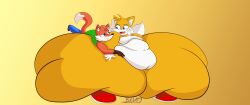 2_tails almost_immobile bedroom_eyes belly_fondling belly_overhang bhm big_belly big_butt blue_eyes blue_pants brown_hands brown_shoes butt_bigger_than_torso buttery-inkling duo fat_folds flabby_arms flabby_legs fox gay green_shirt hand_on_belly hand_on_cheek hand_on_thigh hips_wider_than_shoulders manboobs miles_prower miles_tails_prower moobs multi_tail obese obese_anthro obese_male orange_fur original_character overweight overweight_anthro overweight_male red_shoes sonic_(series) sonic_the_hedgehog_(series) ssbhm tails tails_the_fox thick_thighs thighs_bigger_than_torso vulpine white_belly white_gloves white_muzzle wide_hips yaoi yellow_fur