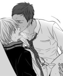 2boys anal aomine_daiki crying dark_skin kuroko_no_basuke kuroko_tetsuya male male_focus monochrome multiple_boys school_uniform sex tears yaoi