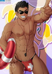 bara bulge casual grelx human life_preserver lifeguard male male_only muscle original_character pubic_hair public solo speedo uncensored underwear