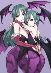 1boy androgynous animal_print ass bad_id bat_print bat_wings breasts bridal_gauntlets cleavage crossdressing darkstalkers demon_wings fake_incest female femdom green_eyes green_hair head_wings highres hug incest large_breasts leotard long_hair looking_at_viewer looking_back matsuryuu mature_female milf morrigan_aensland mother_and_son multi_wing navel pantyhose print_legwear purple_legwear short_hair simple_background smile straight thong_leotard trap waist_grab wings