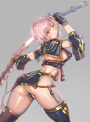 1girls blush breasts detached_sleeves eyebrows_visible_through_hair female female_only gloves image_sample looking_back medium_breasts original pantyshot pink_eyes pink_hair sgbow_(bhp) shiny_skin short_hair sideboob simple_background solo sword tagme thighhighs tumblr_sample weapon