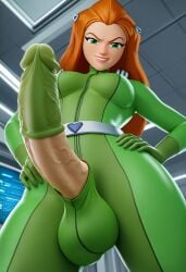 3d ai_generated balls_bulge big_balls big_penis broken_suit exposed_penis futanari sam_(totally_spies) totally_spies