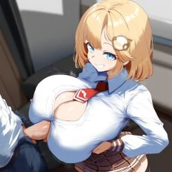 ai_generated big_breasts blonde_hair blue_eyes breast_squeeze breasts button_gap center_opening cleavage collared_shirt faceless_male hands_on_breasts hololive hololive_english hololive_myth huge_breasts large_breasts paizuri paizuri_under_clothes penis perpendicular_paizuri smile tight_clothing virtual_youtuber vtuber watson_amelia white_shirt