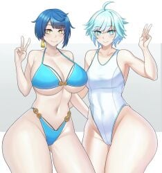 2girls ass azuran0 big_ass big_breasts big_thighs bikini breasts busty chongyun_(genshin_impact) female female_only genshin_impact huge_ass huge_breasts huge_thighs large_ass large_breasts large_thighs navel rule_63 swimsuit thick_thighs thighs v_sign voluptuous xingqiu_(genshin_impact)