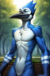 ai_generated anthro anthro_male anthro_only avian beak bird blue_jay corvid feathered_crest feathers furry furry_male furry_only head_crest jay_(bird) male male_focus male_only mordecai_(regular_show) nature navel new_world_jay oscine passerineanthro regular_show slim_body solo solo_male