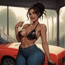 1girls abs ai_generated athletic_female big_ass brown_skin cleavage cyberpunk_2077 dark_hair female female_only fully_clothed human looking_at_viewer no_visible_genitalia panam_palmer sloptaingoon solo tight_jeans toned_female tongue tongue_out