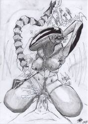 alien alien_(franchise) ambiguous_fluids female graphite_(artwork) hi_res pencil_(artwork) penetration sofn54 solo traditional_media_(artwork) xenomorph