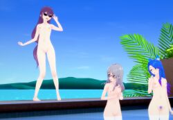 3girls beach crookedbrook female_only kakanaura_(crookedbrook) koikatsu nude_female nudist nudist_beach pool posing_for_picture saleen_(crookedbrook) skinny_dipping sunglasses torqi_(crookedbrook) water