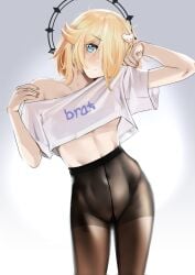 1girls blonde_hair blue_eyes colored_nails crop_top exposed_stomach female female_only hair_covering_eye halo kaneko_lumi light-skinned_female light_skin pantyhose phase_connect phase_invaders pupi see-through_clothing sheer_legwear solo virtual_youtuber vtuber writing_on_clothes