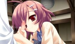 1boy 1girl blue_shirt blush censored closed_mouth game_asset grabbing_another's_penis hair_ornament hairclip hattori_aya jacket koiiro_soramoyou looking_at_penis lucie mosaic_censoring penis pink_hair precum red_eyes shirt short_hair smile yellow_jacket
