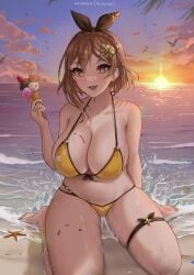 1girls atelier_(series) atelier_ryza beach bikini breasts brown_hair cute reisalin_stout ryuuneart short_hair solo_female swimsuit thighs