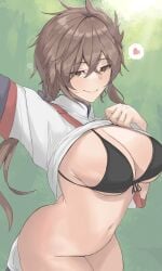 black_bra bottomless bra brown_hair calmgreentori gold_eyes heart_symbol lora_(xenoblade) shirt_lift tagme xenoblade_(series) xenoblade_chronicles_2