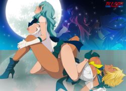 2girls bishoujo_senshi_sailor_moon bleach bleach:_the_thousand-year_blood_war blonde_hair blue_eyes clothing cosplay costume cowboy_tanaka dark-skinned_female drooling erect_nipples erect_nipples_under_clothes green_eyes heels large_breasts lesbian_sex lexus_(artist) medium_breasts nelliel_tu_odelschwanck pussy pussy_juice reverse_cowgirl_position scissoring shaved_pussy skirt tanned_skin teal_hair thick_thighs tia_harribel torn_clothes tribadism yuri