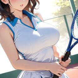 1girls 2025 ai_generated blush brown_hair female large_breasts light-skinned_female light_skin solo ten01c tennis tennis_racket tennis_uniform