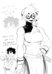 1boy 1boy1girl 1girls 2d 2d_(artwork) aged_up amano44 belt black_and_white clothed clothes clothing dark_hair deku dialogue english english_text female fully_clothed hand_on_hip hero_outfit_(mha) heroine highres husband_and_wife implied_impregnation itsuka_kendou izuku_midoriya kendou_itsuka light_hair male mask masked monochrome my_hero_academia not_porn post-timeskip sfw sketch smiling smiling_at_partner speech speech_bubble text thigh_up toned toned_female