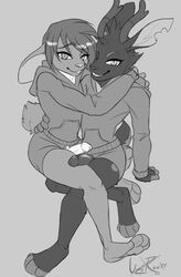 clothing cuddling furry girly greyscale hoodie jackrabbit jak_(lazybasik) lagomorph male mammal mocha_rabbit monochrome othinus rabbit