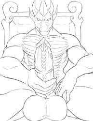 anthro balls big_balls big_penis chair dragon greyscale holding_penis knot male male_only monochrome muscular muscular_male no_pupils nude penis precum sitting smile solo thelionfish throne vein veiny_penis