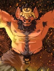 abs anthro armpit_hair arms_above_head beard biceps big_ears blizzard_entertainment body_hair bottomwear bottomwear_down bulge candle candle_on_head chest_hair chest_tuft clothed clothing facial_hair folds freeballing genitals hair hairy_thighs happy_trail hi_res kobold_(warcraft) long_penis looking_at_viewer male male_only musclegut muscular nipples pants pants_down partially_clothed penis pinned pinned_to_ground pits pubes shadoremupdog shorts slightly_chubby solo solo_male sparks thick_thighs toned_body tuft underground vein veiny_penis warcraft
