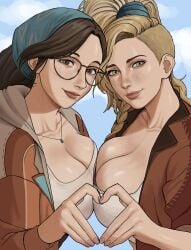 2girls alma_(monster_hunter_wilds) breasts cleavage female gemma_(monster_hunter_wilds) gud0c light-skinned_female light_skin medium_breasts monster_hunter monster_hunter_wilds multiple_girls symmetrical_docking