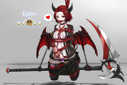 arms_behind_back ball_gag bondage boots bound breast_bondage chains choker crotch_rope demon demon_girl demon_horns demon_tail demon_wings dildo drooling epis_(king's_raid) futa_only futanari gag gagged heart highres horns intersex kertaspata king's_raid leather leather_boots looking_at_viewer midriff navel no_bra no_panties pantyhose penis precum pussy_juice red_eyes red_hair restrained rope saliva school_uniform scythe short_hair simple_background skirt speech_bubble spread_legs spreader_bar star succubus tail tied_up vibrator wings