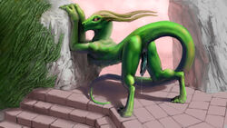 animal_genitalia anus detailed_background digital_media_(artwork) digital_painting_(artwork) digitigrade dragon feral genital_slit green_skin horn long_horn long_tail looking_at_viewer male male_only meandraco penis precum presenting raised_tail red_eyes scalie slit slitfluid smile solo solo_male teraurge thick_tail wyrm